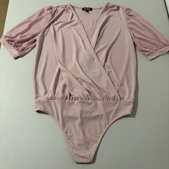 Y2K Express Bodysuit Top Pink Surplice Wrap Sheer Sleeve Blouse Medium M - Picture 1 of 8